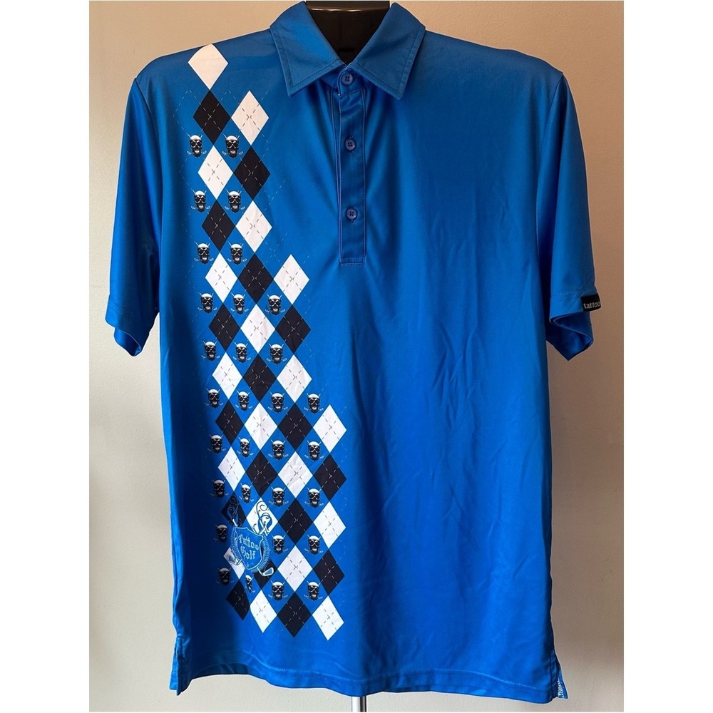 Tattoo Golf Polo Shirt Mens Medium Blue Argyle Skull Performance Grunge SoftAlt